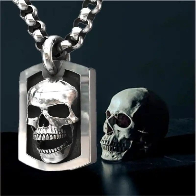 Jewelry Skull Dog Tags Chain Skeleton Gothic Death Military Chrome Size ONE SIZE - 4 Thumbnail