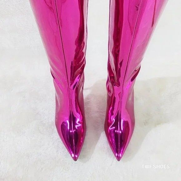 Other Static Shiny Metallic Fuchsia Knee Boots 3" Kitten Heels (US Size US 9 / IT 39 - 3 Thumbnail