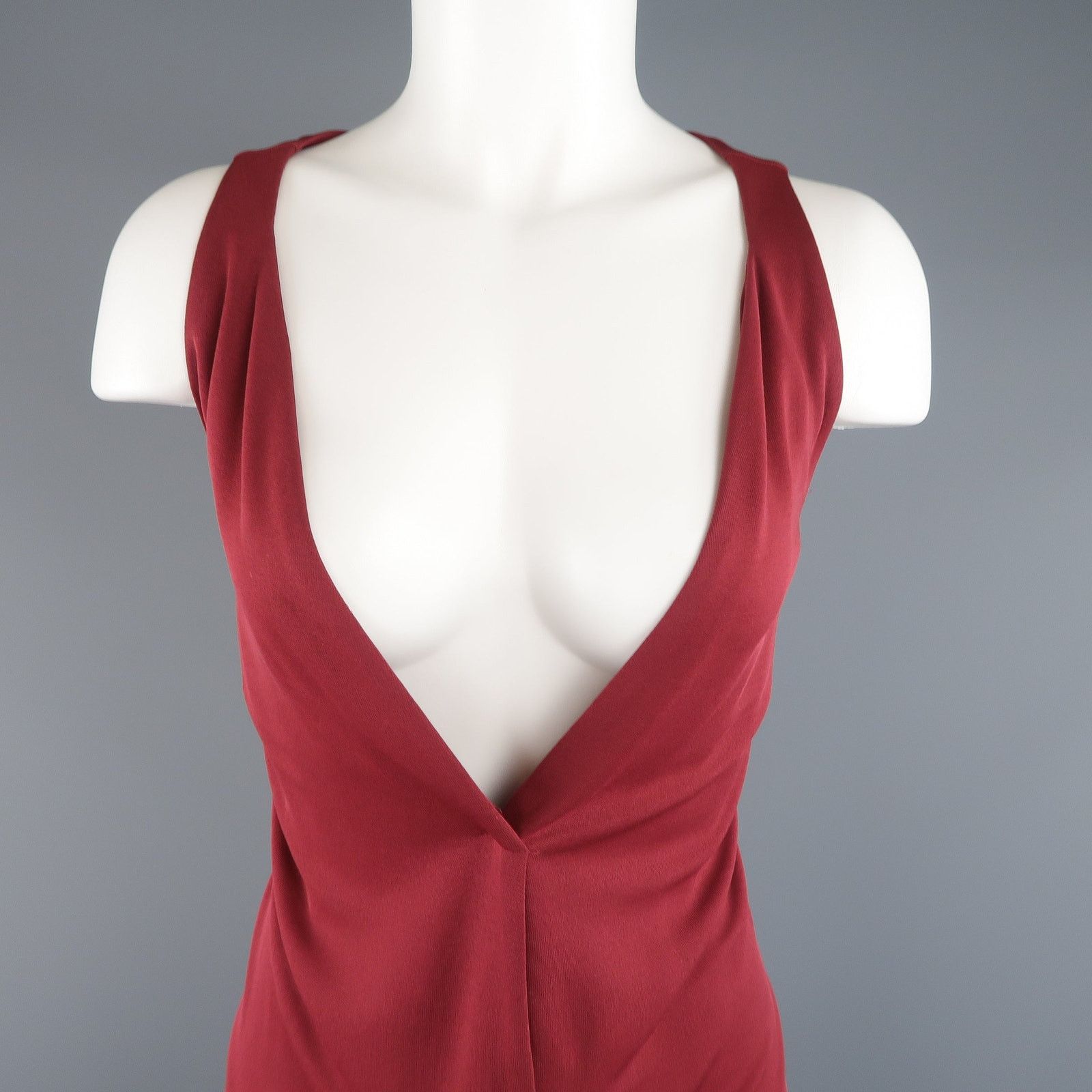 Yves Saint Laurent Size 14 Burgundy Viscose Blend V Neck Shift Dress Size XL / US 12-14 / IT 48-50 - 2 Thumbnail