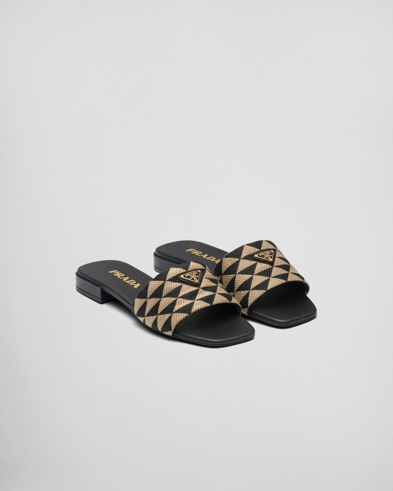 Prada o1B3y1r0526 Embroidered Fabric Slides in Black/Beige Size US 8 / IT 38 - 2 Thumbnail