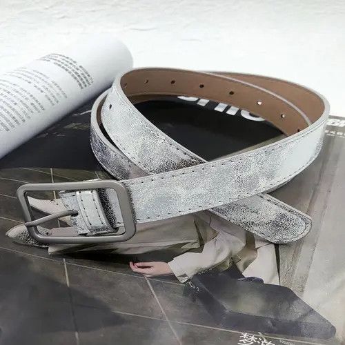 Leather Metallic Silver Belt with Sleek Buckle Size ONE SIZE - 3 Thumbnail