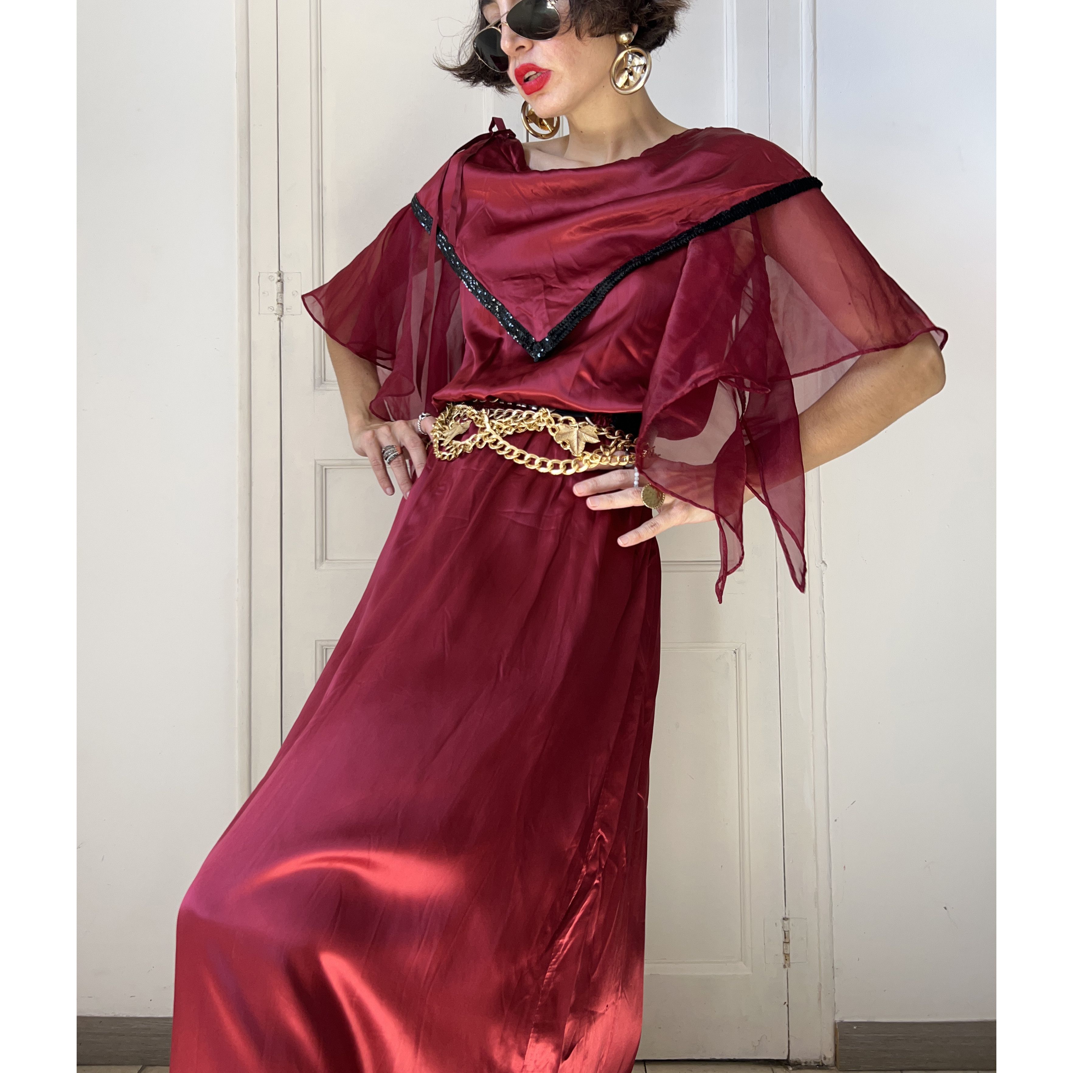 Vintage Vintage Burgundy Satin Maxi Fairy Costume Dress Size L / US 10 / IT 46 - 4 Thumbnail