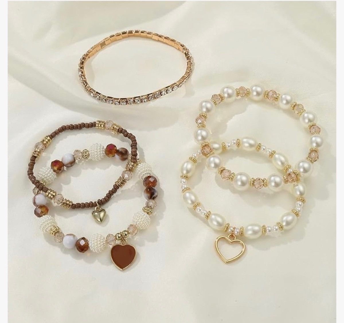 Other Boho Pearl & Crystal Heart Charm Bracelet Stack (5 Pieces) Size ONE SIZE - 5 Thumbnail