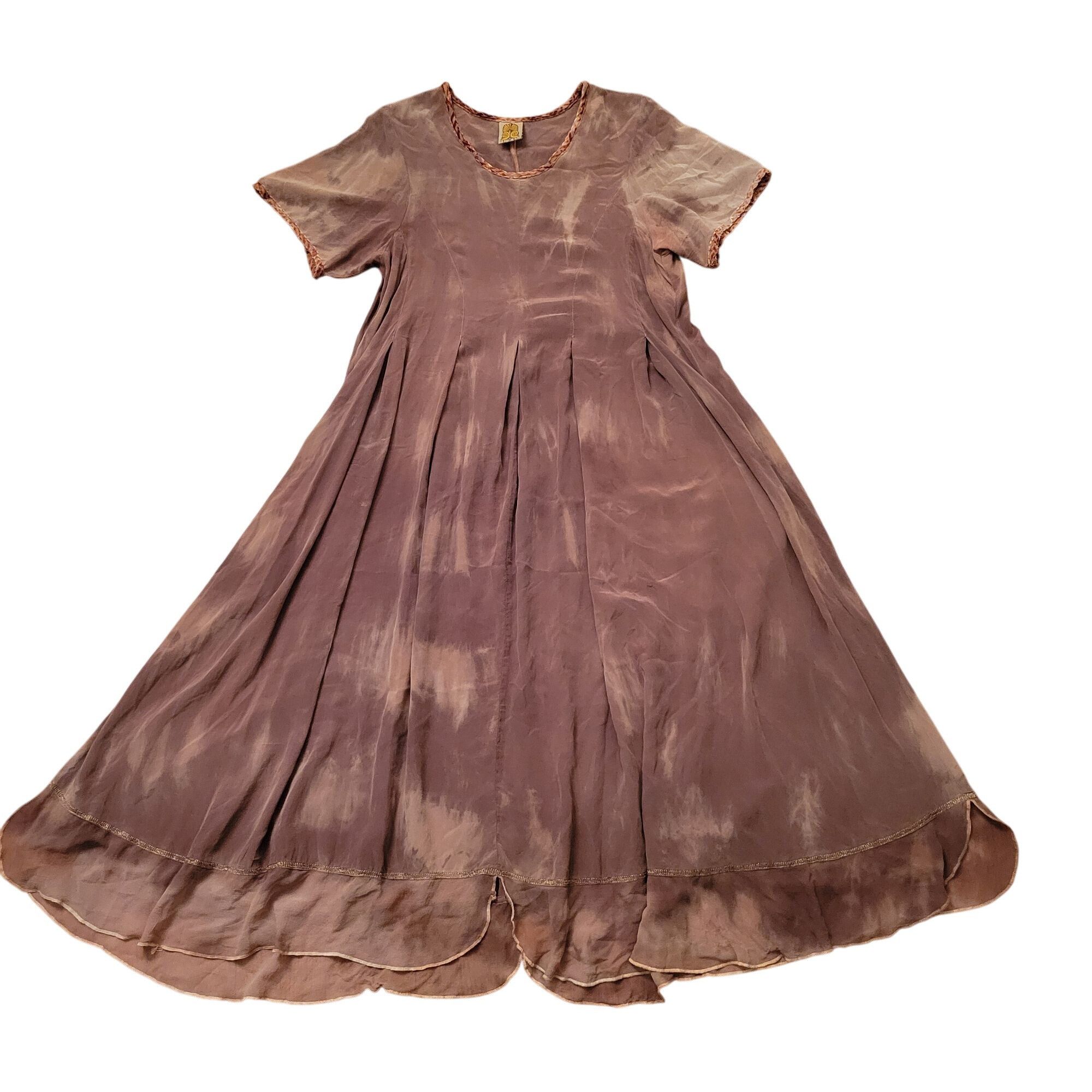 Uru URU Tie Dye 2 Brown Short Sleeve Silk Maxi Dress Braided Tri Size ONE SIZE - 1 Thumbnail