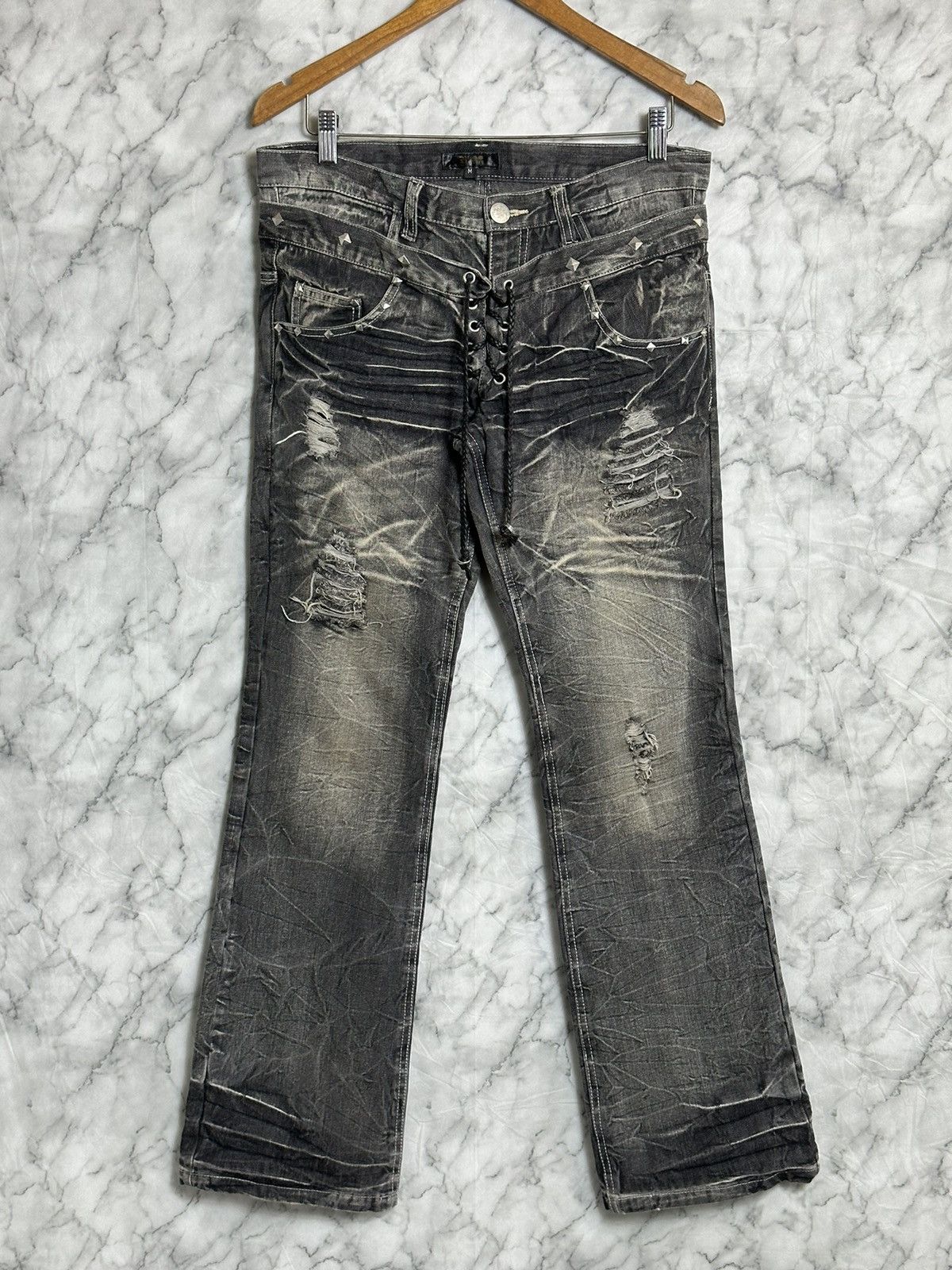 image of If Six Was Nine x Le Grande Bleu L G B Black Baccara Lace-Ups Flare Double Waisted Washed Jeans in 
