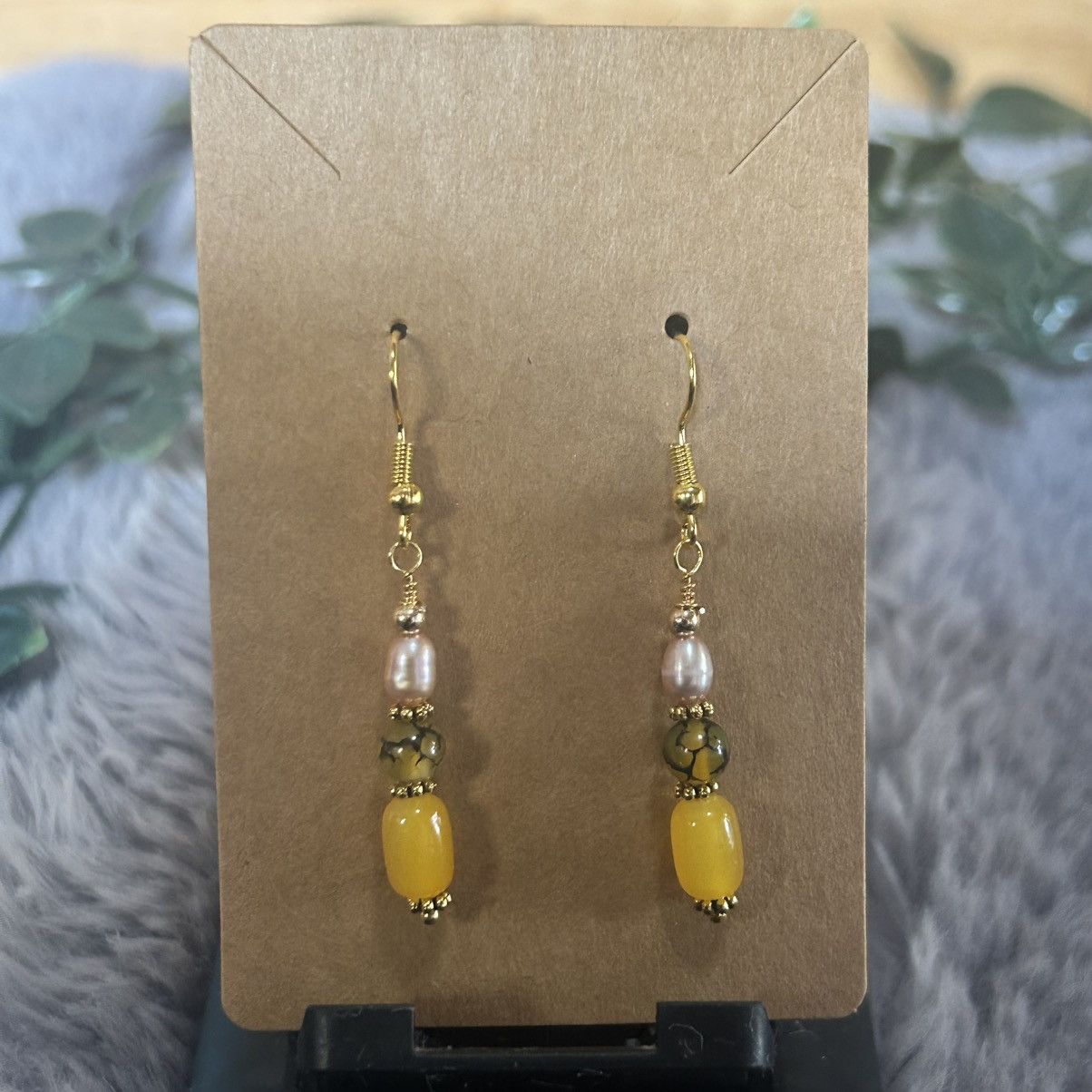 Handmade Handcrafted lemon cat eye glass barrel dragon vein earrings Size ONE SIZE - 2 Thumbnail