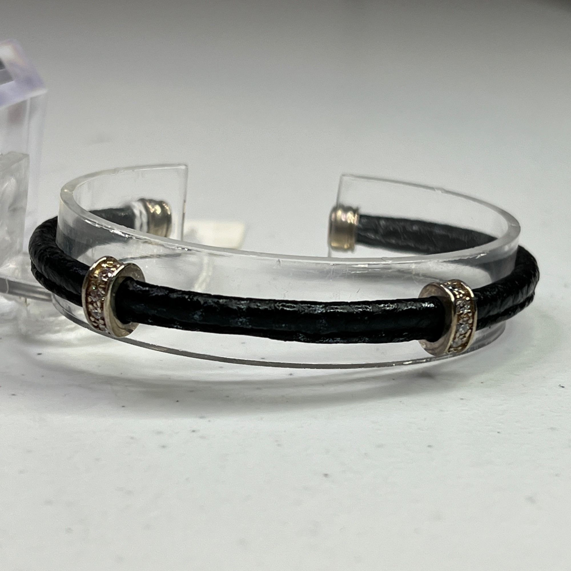 Designer Black Leather ESPO Cuff Bracelet With Rhinestone Accents Size ONE SIZE - 8 Thumbnail
