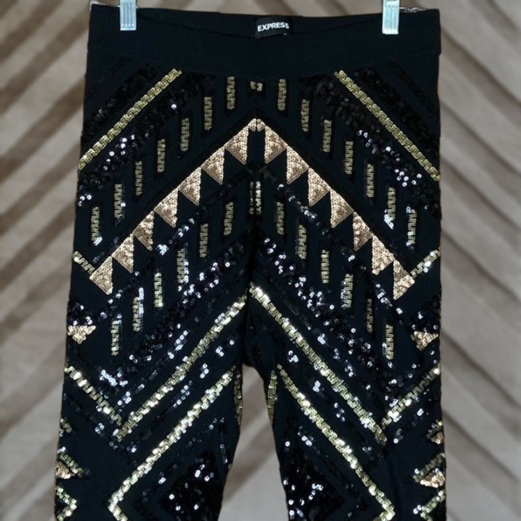 Express Express Womens Pants Black Gold Sequin High Rise Pull On Legging Stretch S Small Holiday? (Stop) Size 28" / US 6 / IT 42 - 1 Thumbnail