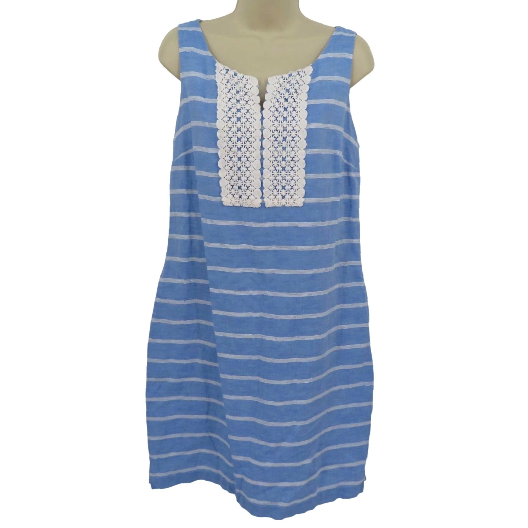 Talbots Talbots Women Dress 8 Blue White Stripe Linen Blend Crochet Tunic Style Sheath Size M / US 6-8 / IT 42-44 - 2 Thumbnail