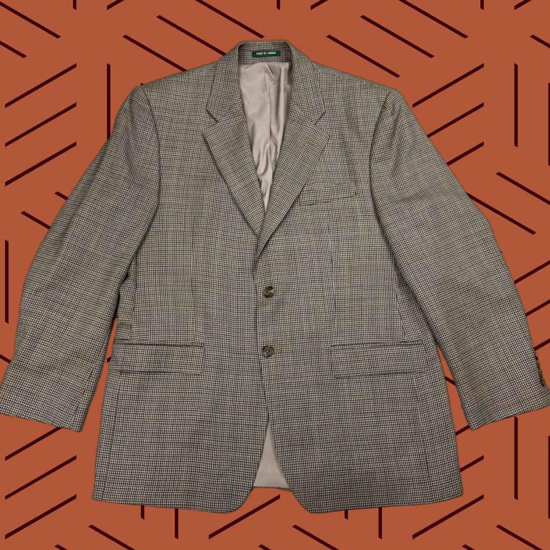 Ralph Lauren VINTAGE Lauren Ralph Lauren Men Sport Coat Blazer Houndstooth Beige 42R Wool Silk 2-Button Notch Lapel Single-Breasted Regular Discount Mature 42 Mens Size 42R - 1 Thumbnail