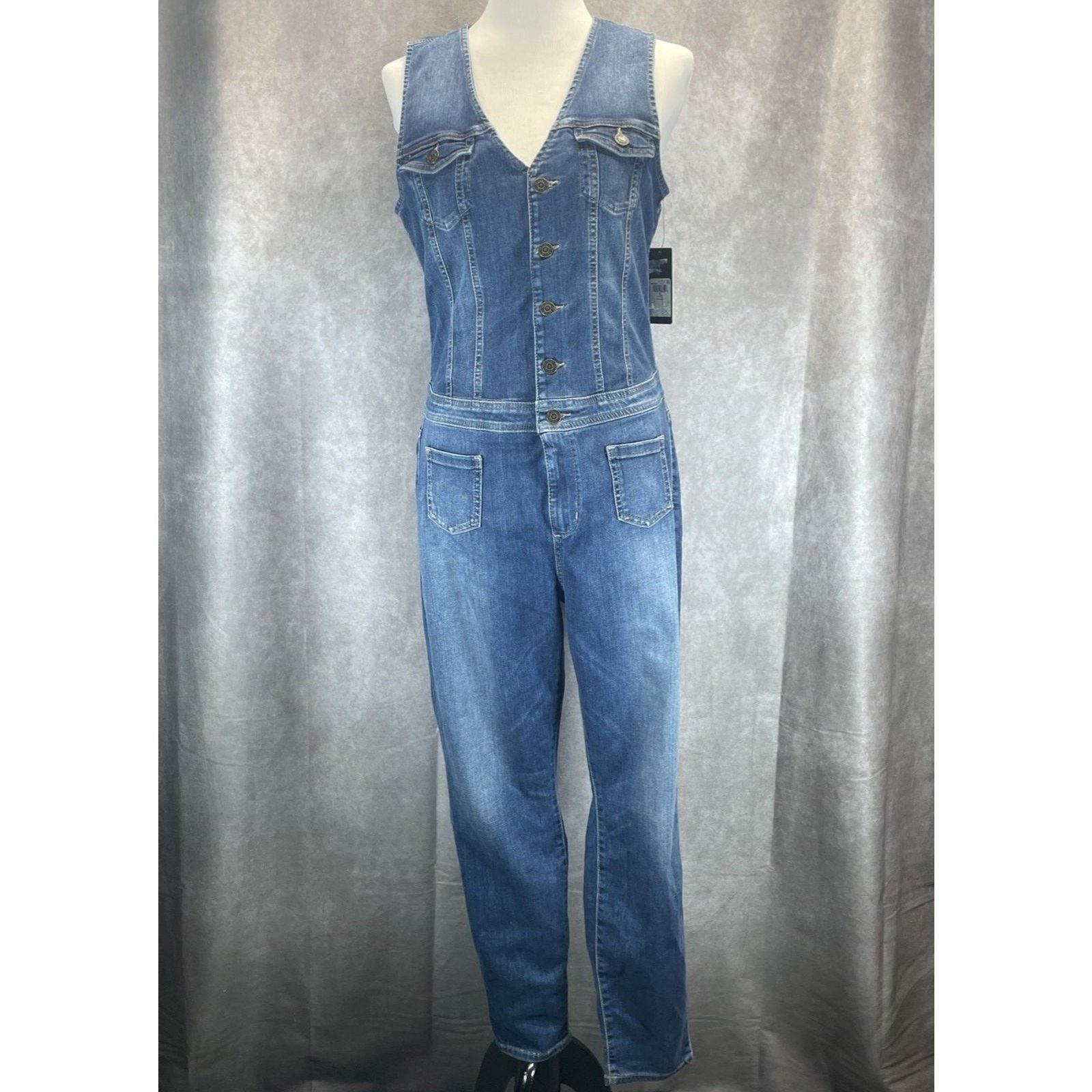 Guess Layla Blue Denim Jumpsuit Women's XL V Neck New