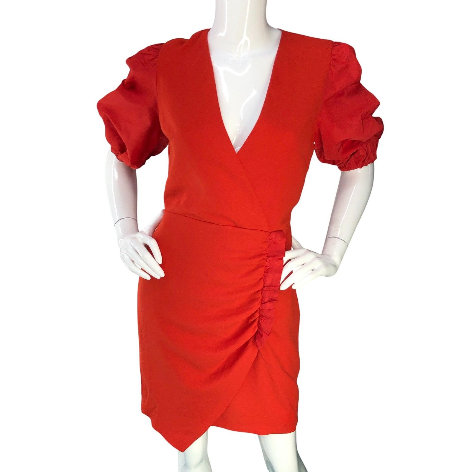 Pinko Pinko Dress 6 Red Puff Sleeve Ruched Wrap V Neck Cocktail Size M / US 6-8 / IT 42-44 - 11 Thumbnail