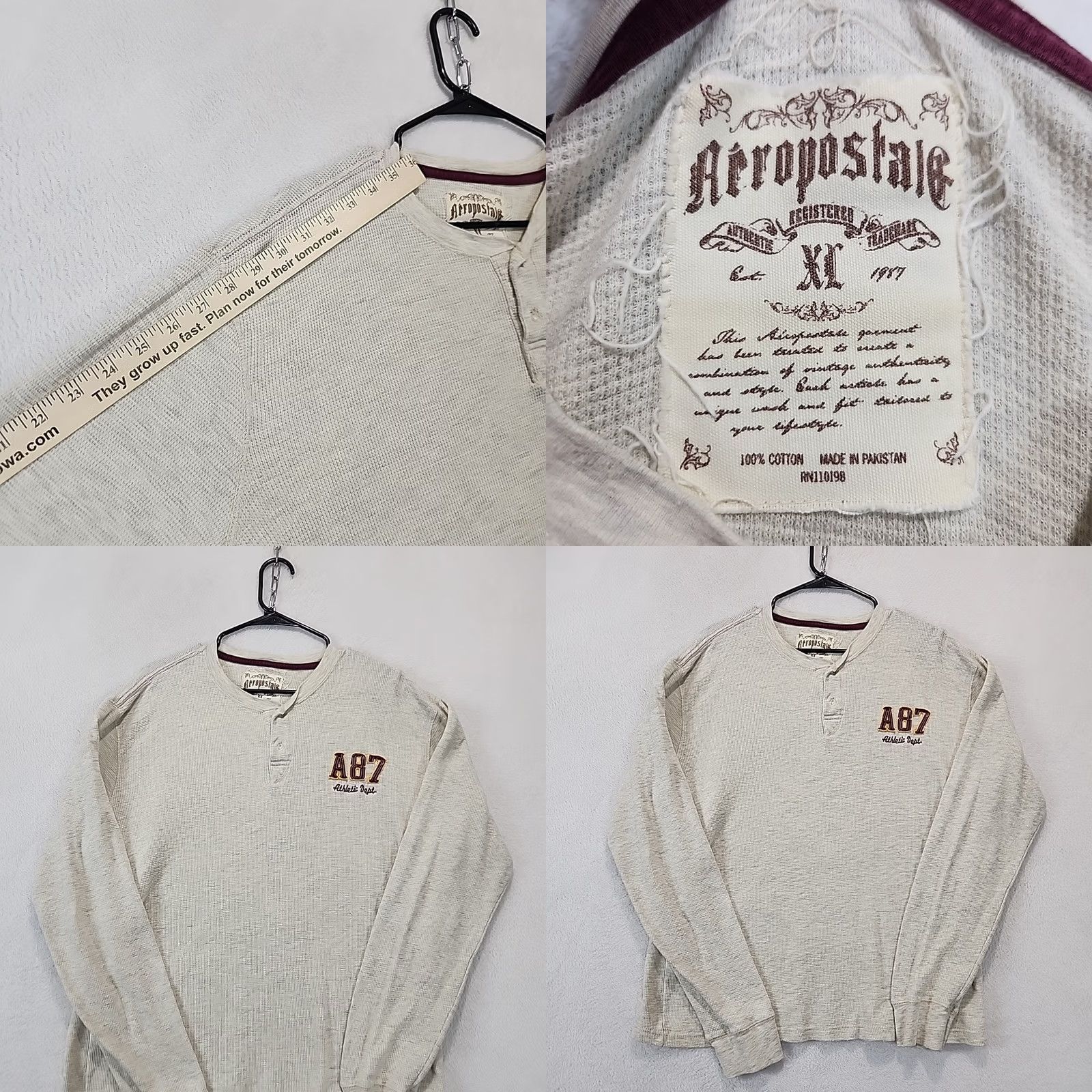 Aeropostale VINTAGE Aeropostale Henley Shirt XL Mens Ivory Waffle Knit Thermal Logo Long Sleeve USA 90s Size US XL / EU 56 / 4 - 8 Thumbnail