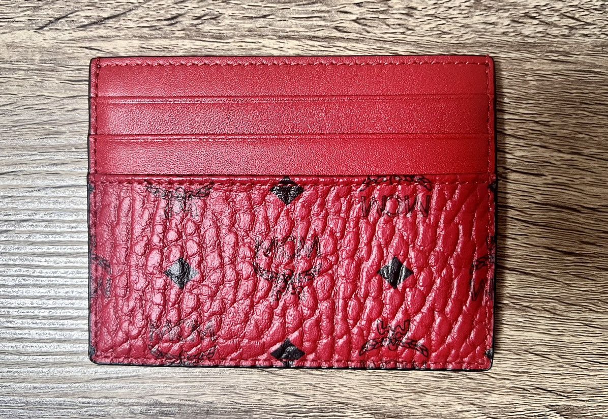 image of MCM Unisex Calfskin Visetos Mini Card Holder & Money Clip in Red, Men's
