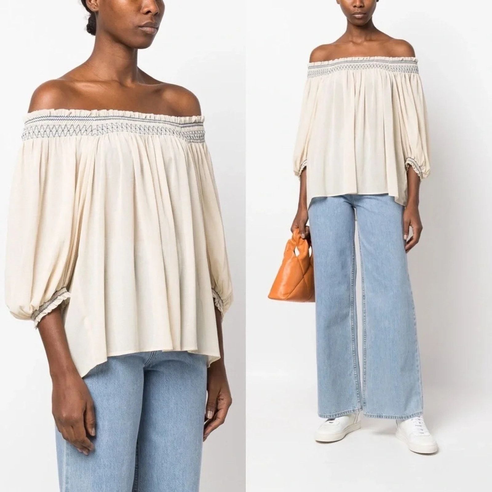 Chloe See by Chloe Off Shoulder Smocked Top Blouse Sheer Gypsy XS Size XS / US 0-2 / IT 36-38 - 2 Thumbnail