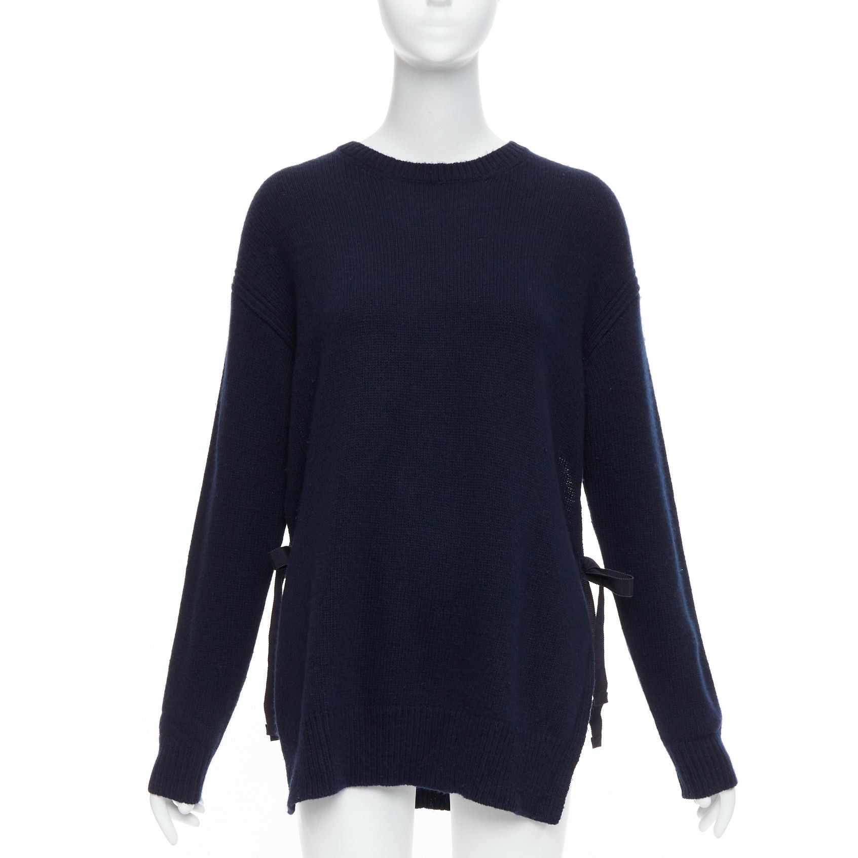 Prada PRADA 2016 navy wool cashmere ribbon tie side crew neck sweater IT42 M Size M / US 6-8 / IT 42-44 - 1 Thumbnail