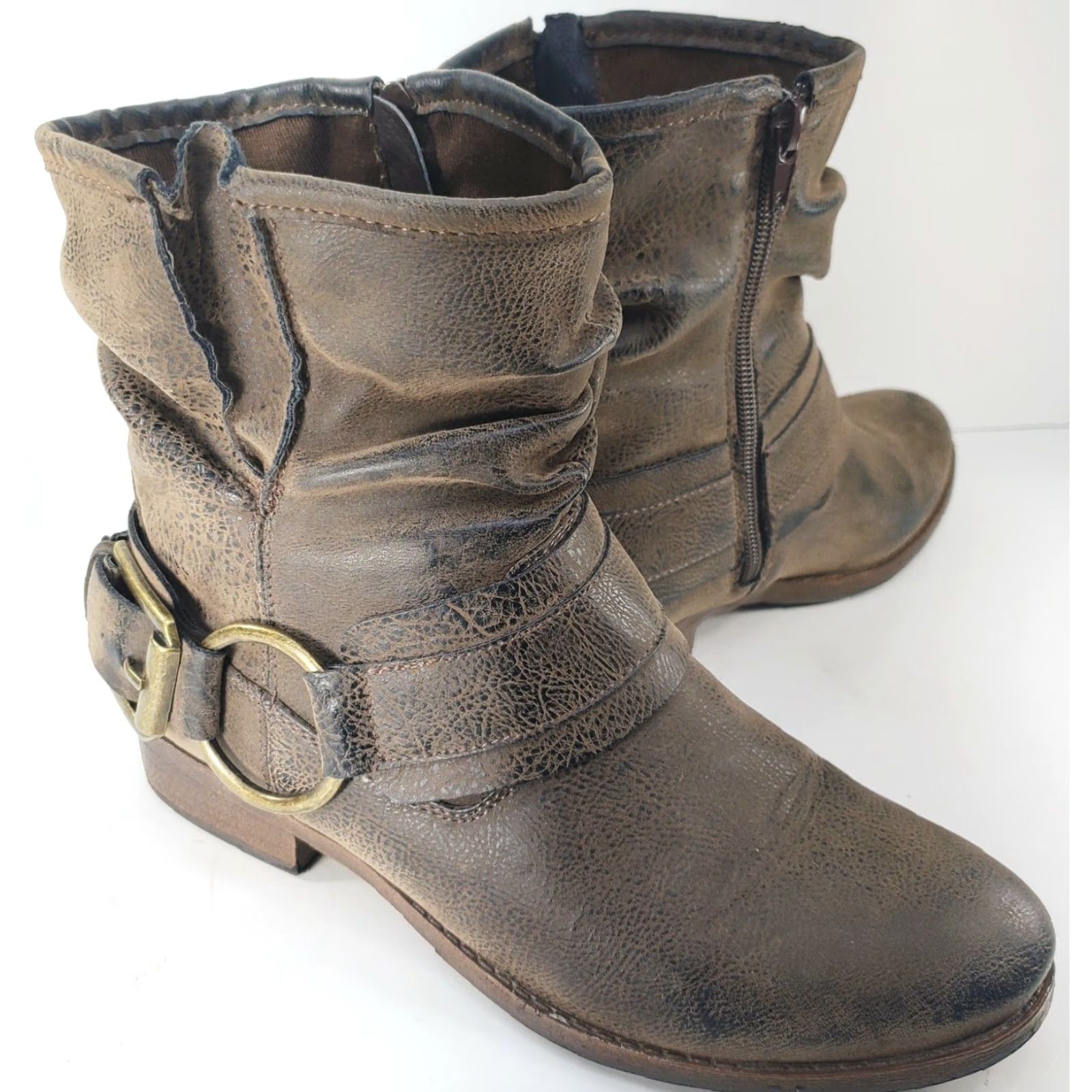 Vintage Crown Vintage Beauty Harness Slouch Boots Distressed Brown Women's Size 7.5M Side Zip Buckle Harness Mid-Calf Boots Size US 8 / IT 38 - 2 Thumbnail