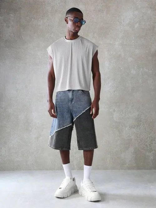 Japanese Brand × Vintage Contrast Panel Y2k Shorts Jorts Denim Size US 32 / EU 48 - 3 Thumbnail