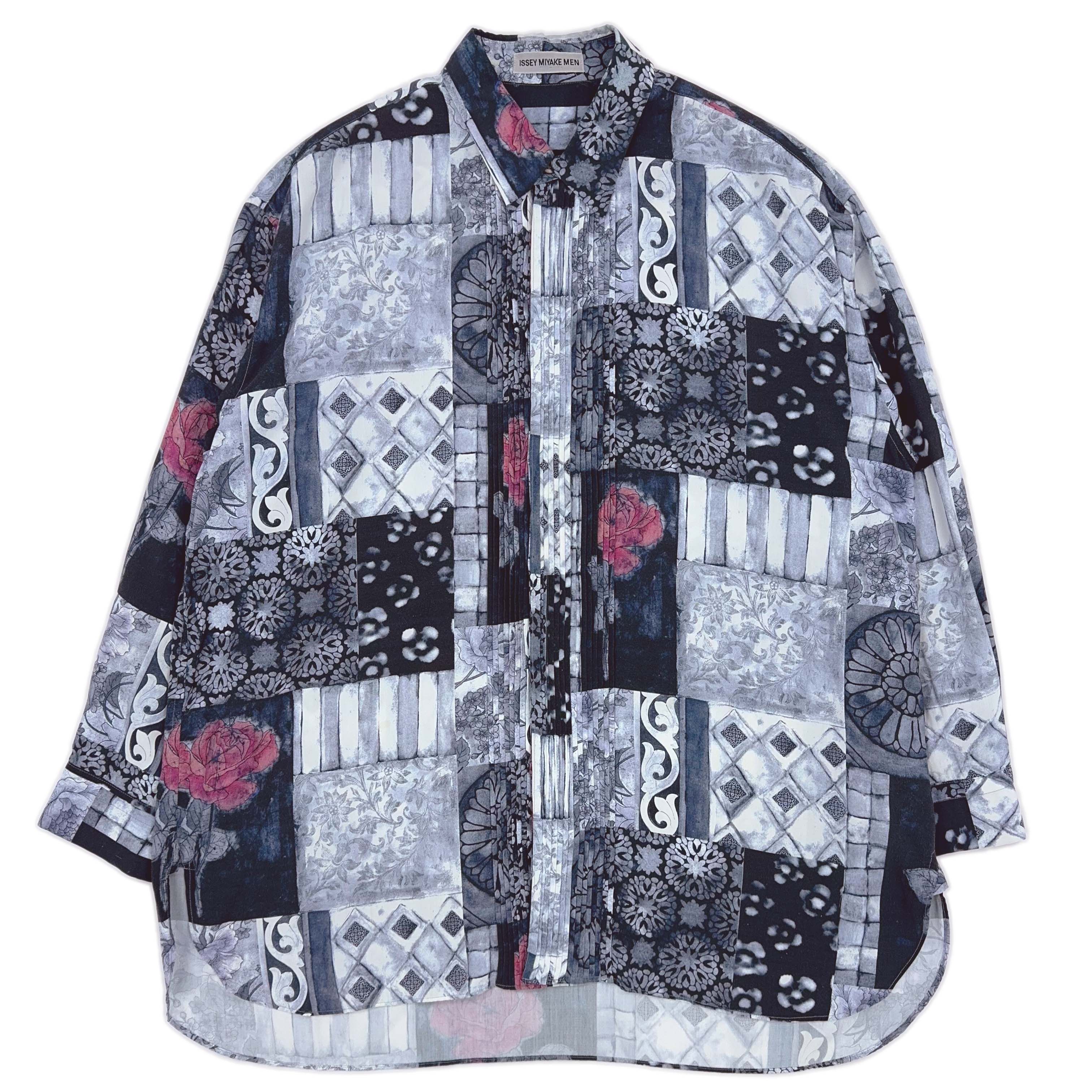 image of Issey Miyake Aw96 Rose Tiling Rayon Shirt With Pleated Front in Grey, Men's (Size Medium)