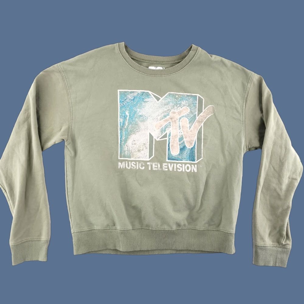 Olive MTV Sweatshirt Viacom Crew Neck Olive Green Pullover Cropped Crop Women’s Small Crewneck Pullover Sweatshirt Green 90s Mens Womens Boys Girls Size S / US 4 / IT 40 - 1 Thumbnail