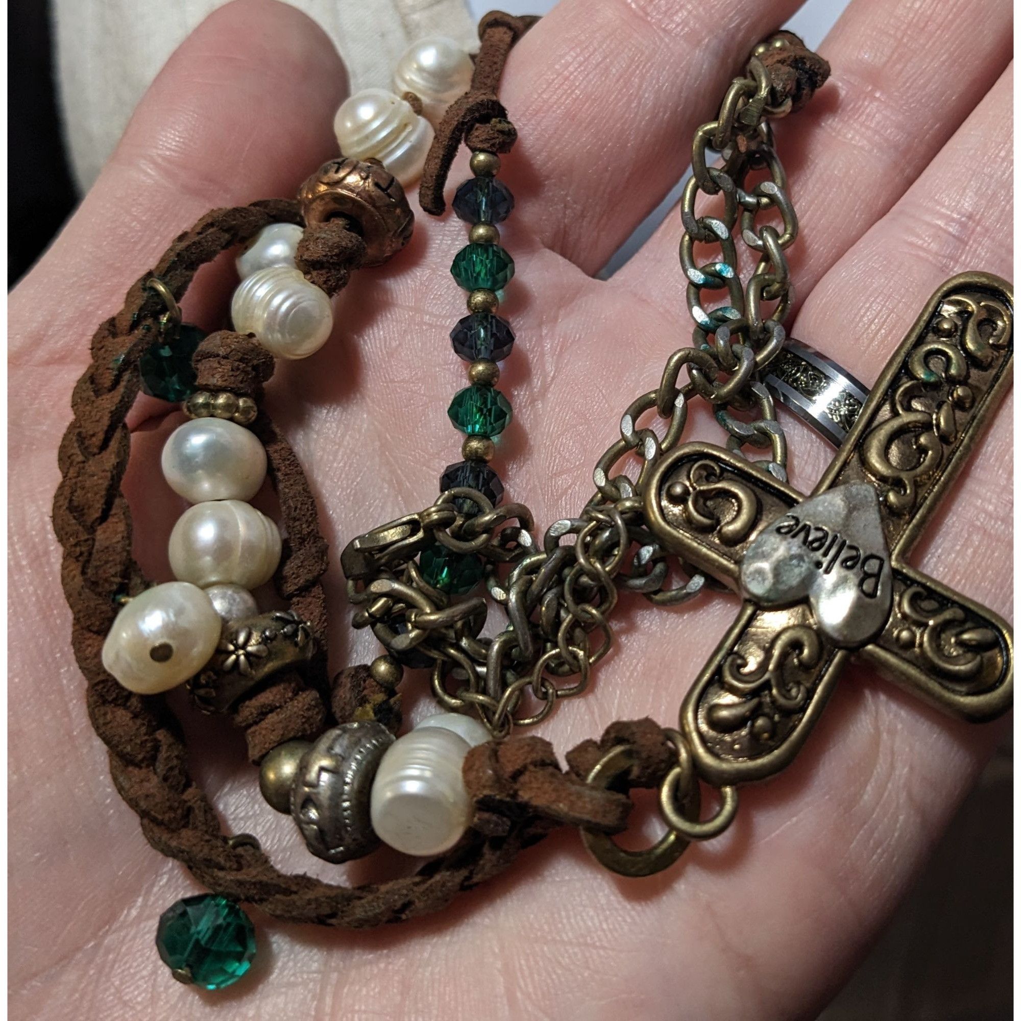 Other Rustic Suede Pearl Beaded Embossed Cross Pendant Necklace Size ONE SIZE - 5 Thumbnail
