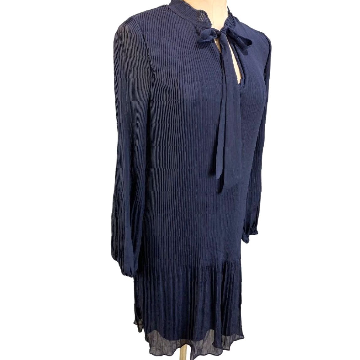 DKNY DKNY Navy Blue Long Sleeve Pleated Dress Tie Neck Knee Length Womens, 6, New Size M / US 6-8 / IT 42-44 - 6 Thumbnail