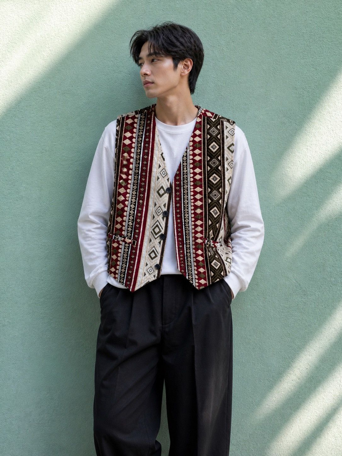 Japanese Brand Vintage MUHET Geometric Vest Boho Tribal Tapestry Waistcoat Size US L / EU 52-54 / 3 - 1 Thumbnail