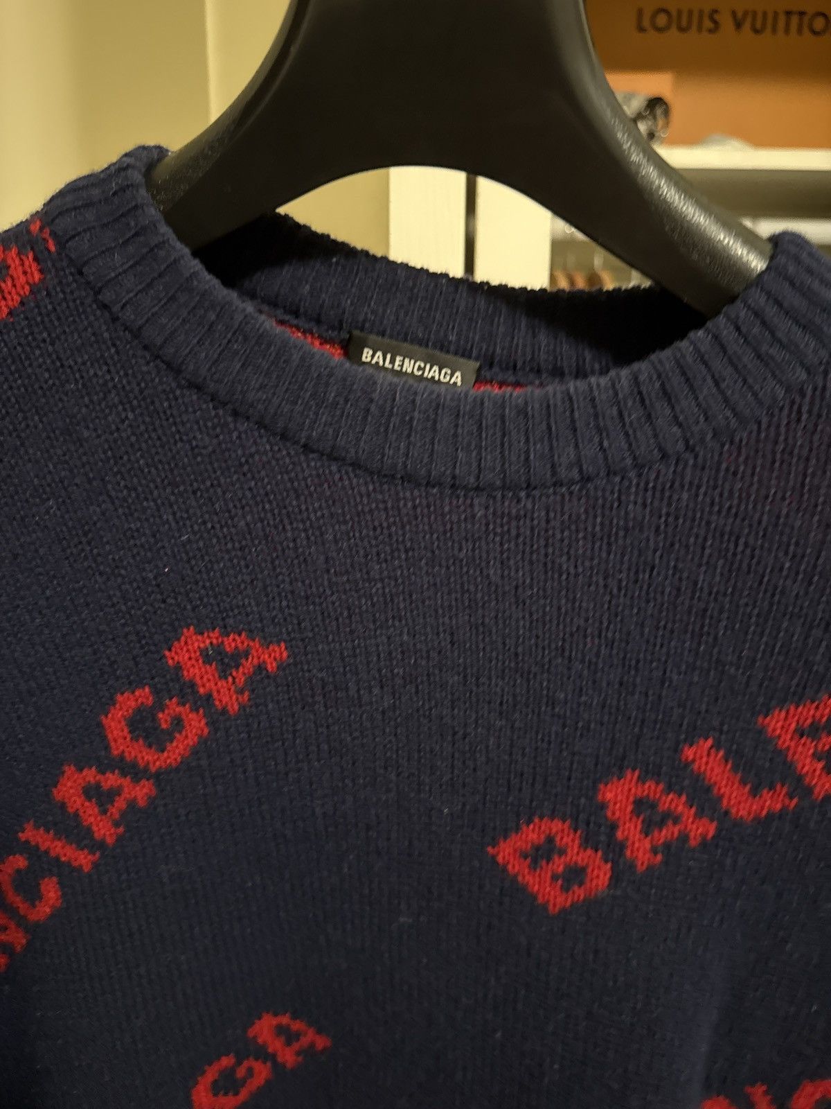 Balenciaga Balenciaga Allover Logo Intarsia Knit Sweater — Navy/Red Size US M / EU 48-50 / 2 - 6 Thumbnail