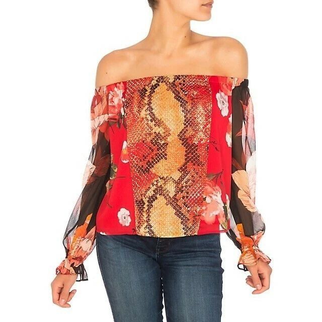 Guess GUESS Pamelia Chiffon Off-The-Shoulder Top, Red-multi, Sz. S Size S / US 4 / IT 40 - 1 Thumbnail