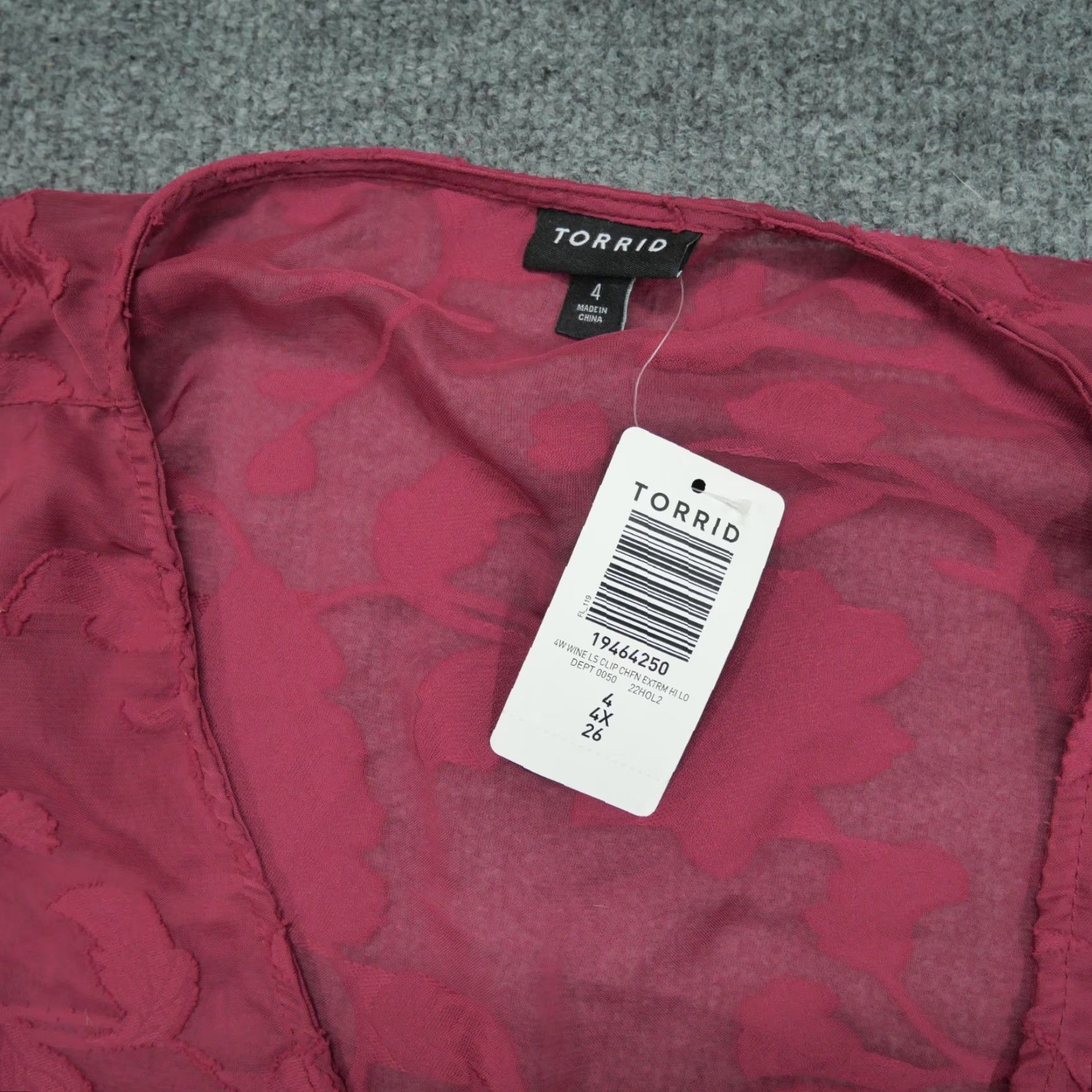 Torrid Torrid Dress Womens 4X Red Wine Chiffon Floral A-Line Sheer V-Neck Long Sleeve Summer Spring 4X Womens Dress Size XXL / US 16-18 / IT 52-54 - 4 Thumbnail