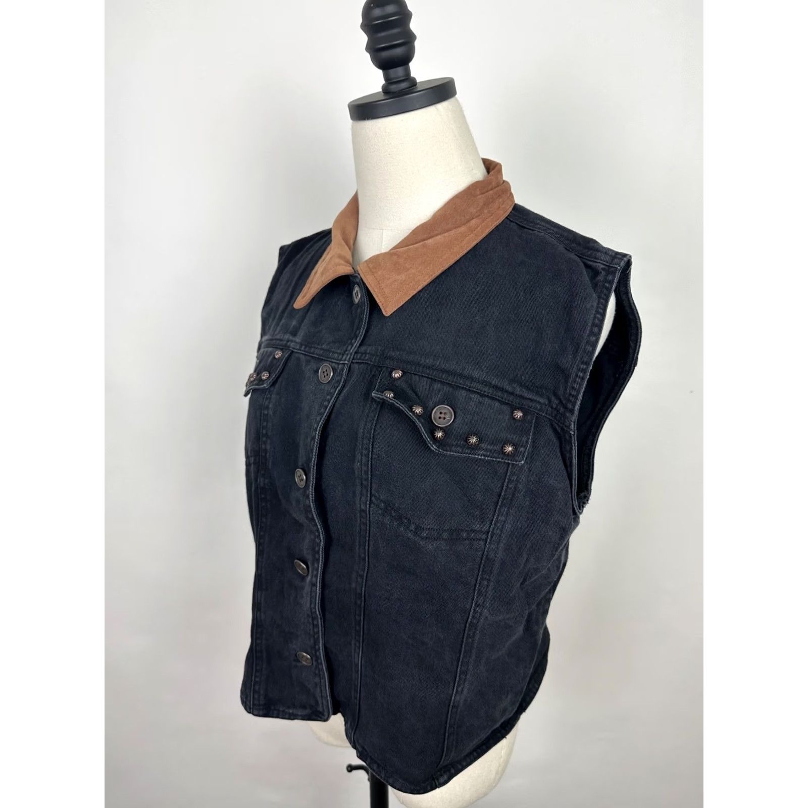 Denime VINTAGE Stonebridge Vest Western Womens XL Black Denim Faux Suede Collar Studded Size XL / US 12-14 / IT 48-50 - 2 Thumbnail