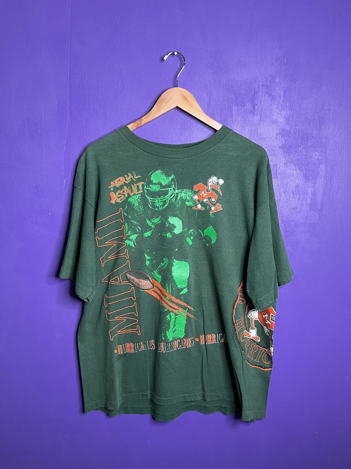 image of American College x Salem Vintage 90's Miami Hurricanes Aerial Assault Aop T-Shirt in Green (Size XL