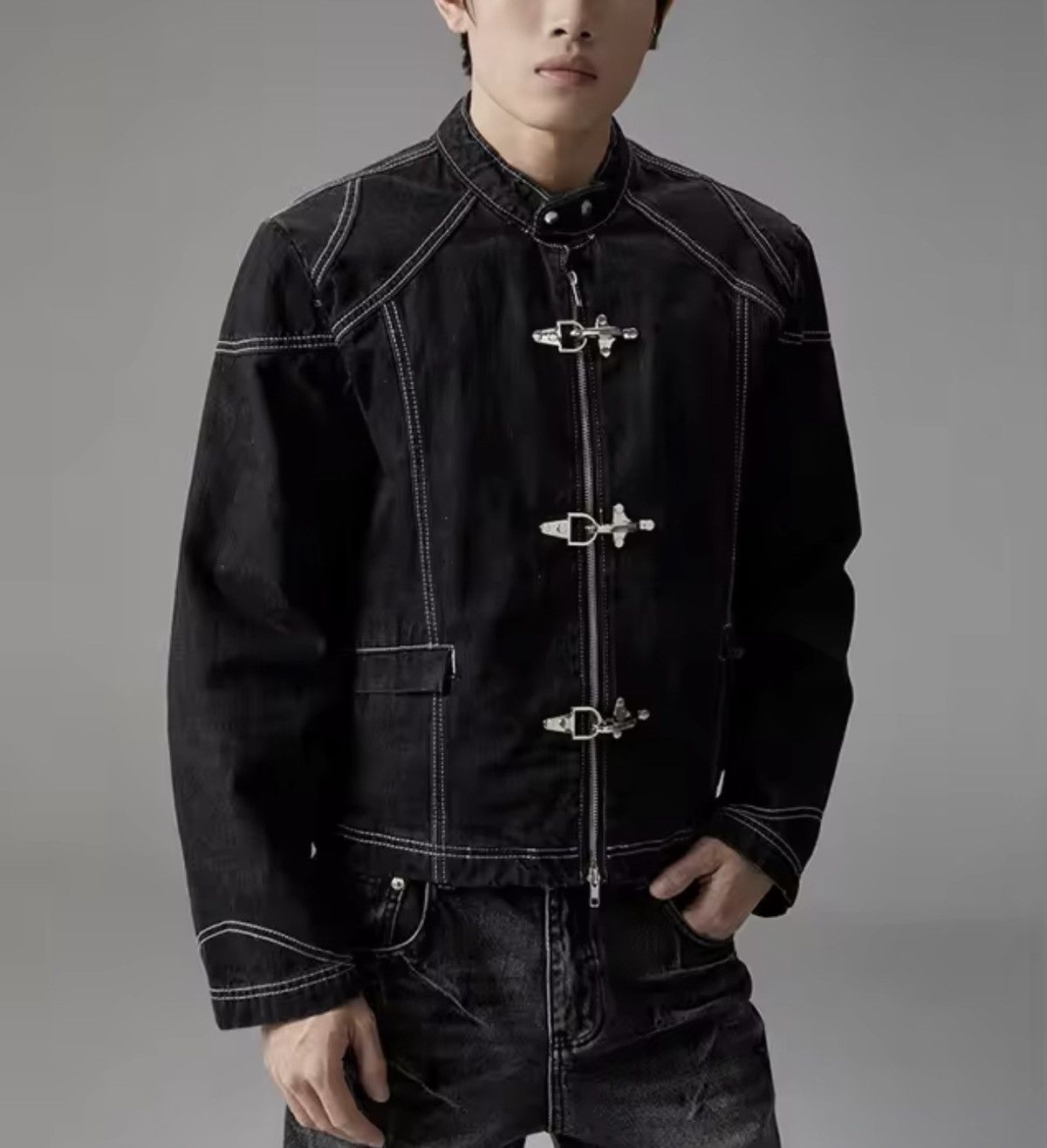 Japanese Brand Fireman Clasp Contrast-Stitch Denim Jacket - Black Size US M / EU 48-50 / 2 - 2 Thumbnail