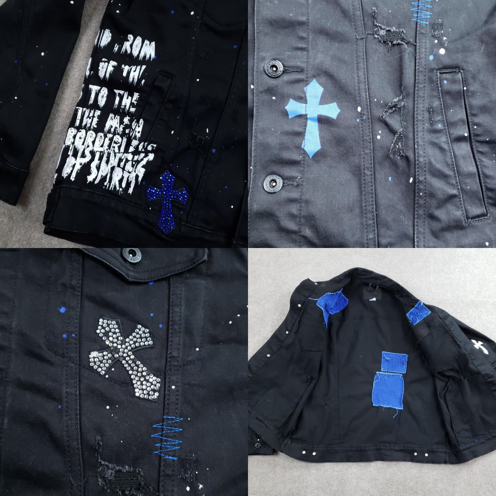 Vintage SmokeRise Jacket Mens Large Black Cross Rhinestone Distressed Paint Splatter Denim Bomber Jacket Size US L / EU 52-54 / 3 - 8 Thumbnail
