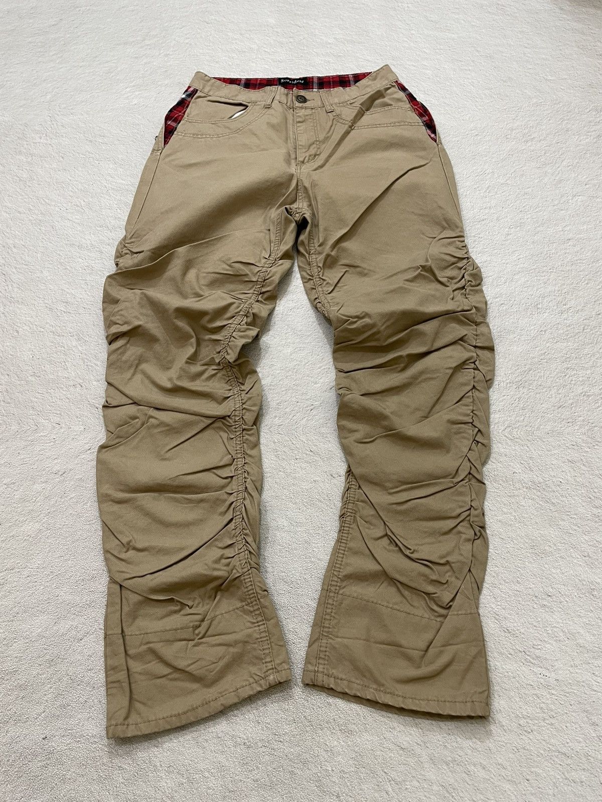 Japanese Brand 2000s Sorridere Gear Workwear Pants Khaki with Plaid Lining Size US 27 - 1 Thumbnail