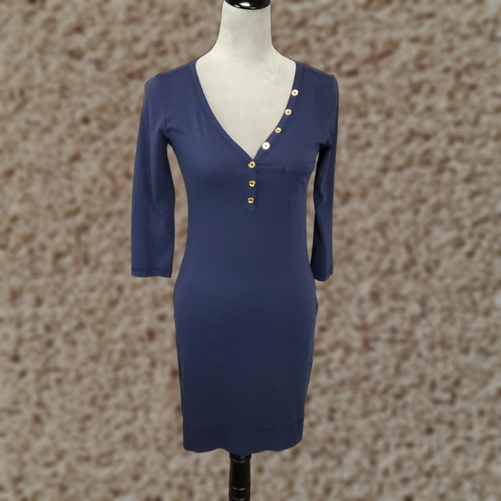 Lilly Pulitzer VINTAGE Lilly Pulitzer Dress Women XS Blue Solid Short Sleeve V-Neck Pullover Stretch Casual Party Mini Size XS / US 0-2 / IT 36-38 - 1 Thumbnail