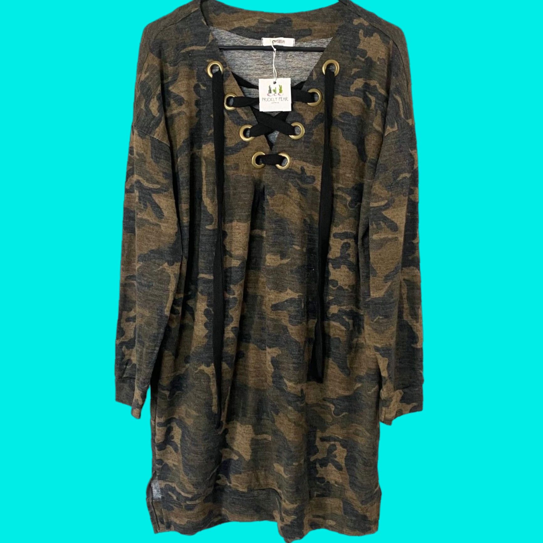 Vintage Cherish Camouflage Lace-Up Long-Sleeve Dress Casual Women Green L Size L / US 10 / IT 46 - 1 Thumbnail