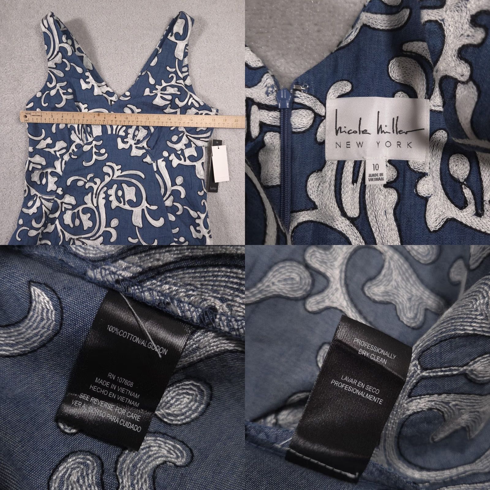 Nicole Miller Nicole Miller Dress Womens 10 Blue White Embroidered Fit & Flare Sleeveless V Neck Dress Size L / US 10 / IT 46 - 8 Thumbnail