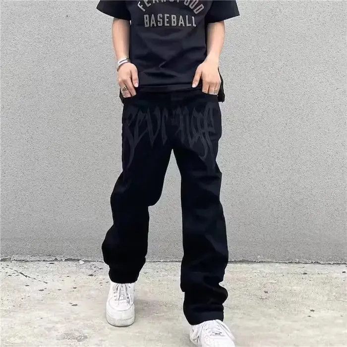 Japanese Brand Retro Black Embroidered Letter Jeans Size US 32 / EU 48 - 1 Thumbnail