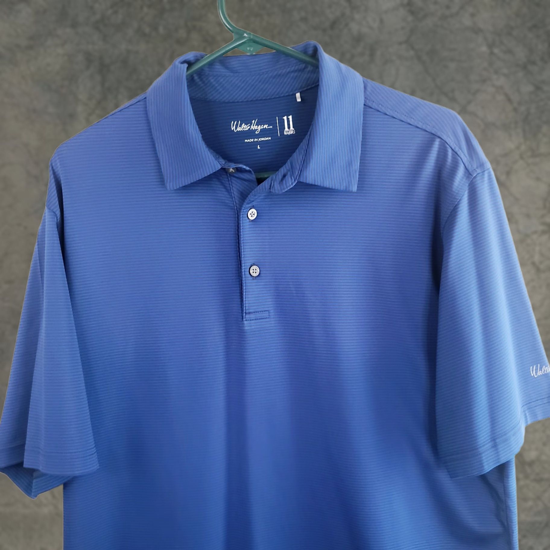 Vintage Walter Hagen 11 Majors Polo Shirt Mens L Blue Charcoal Striped Golf Stretch Activewear Polo Short Sleeve Casual Workwear Knit Polyester Blend Size US L / EU 52-54 / 3 - 1 Thumbnail