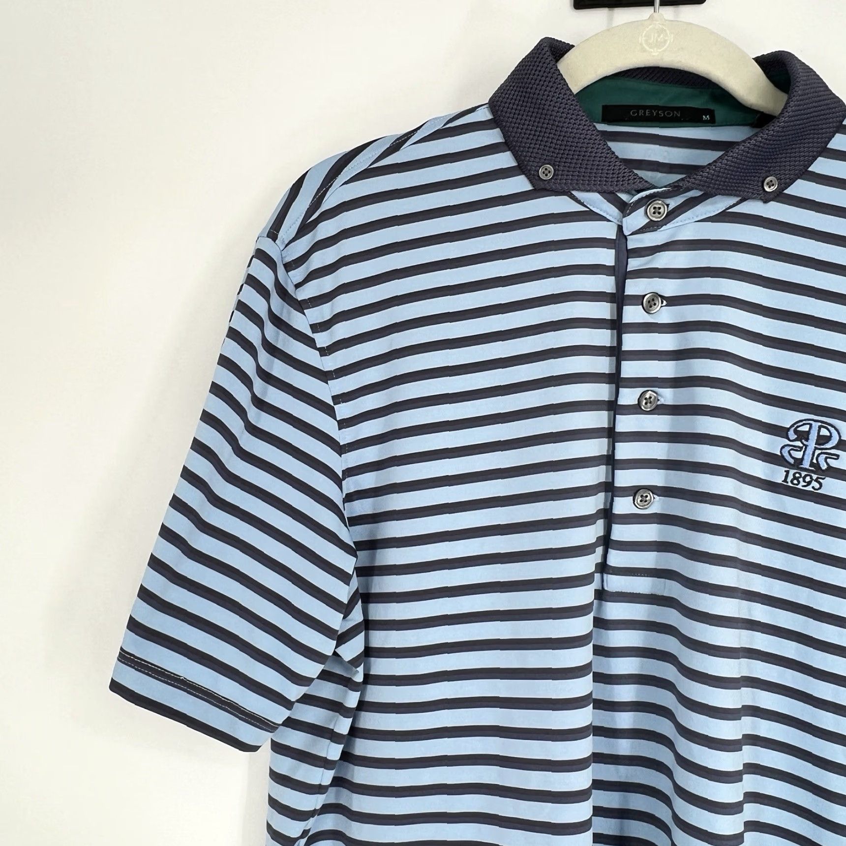 Vintage Greyson Polo Shirt Mens M Blue Stripe Logo Wolf Golf Performance Shirt Size US M / EU 48-50 / 2 - 4 Thumbnail
