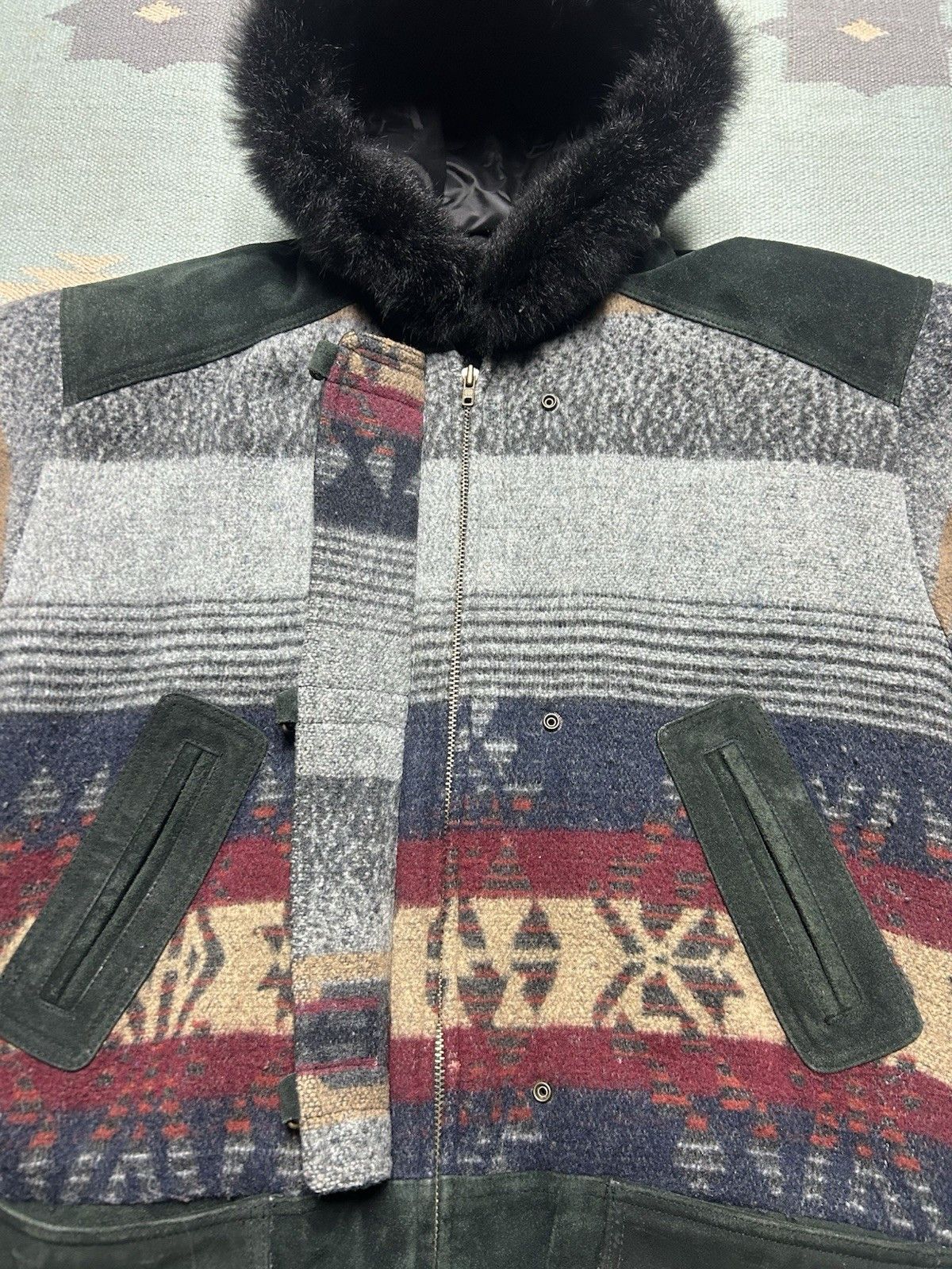 Vintage Vintage 80s Aztec toggle coat wool leather hooded jacket XL Size XL / US 12-14 / IT 48-50 - 3 Thumbnail