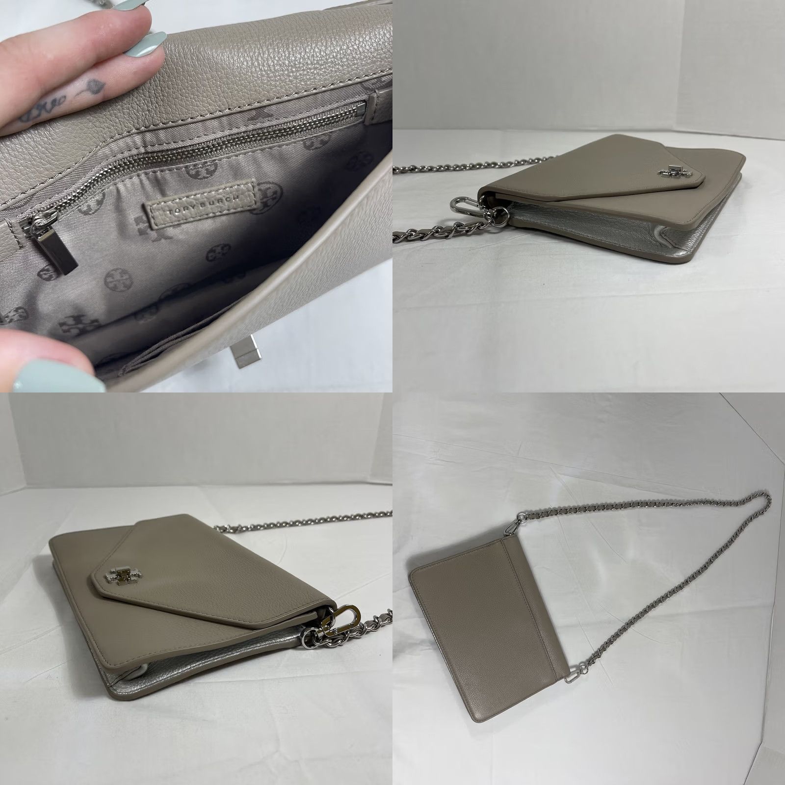 Tory Burch Tory Burch Kira Leather Envelope Convertible Clutch Crossbody Chain Champagne Gray Silver Medium Girls? Size ONE SIZE - 9 Thumbnail