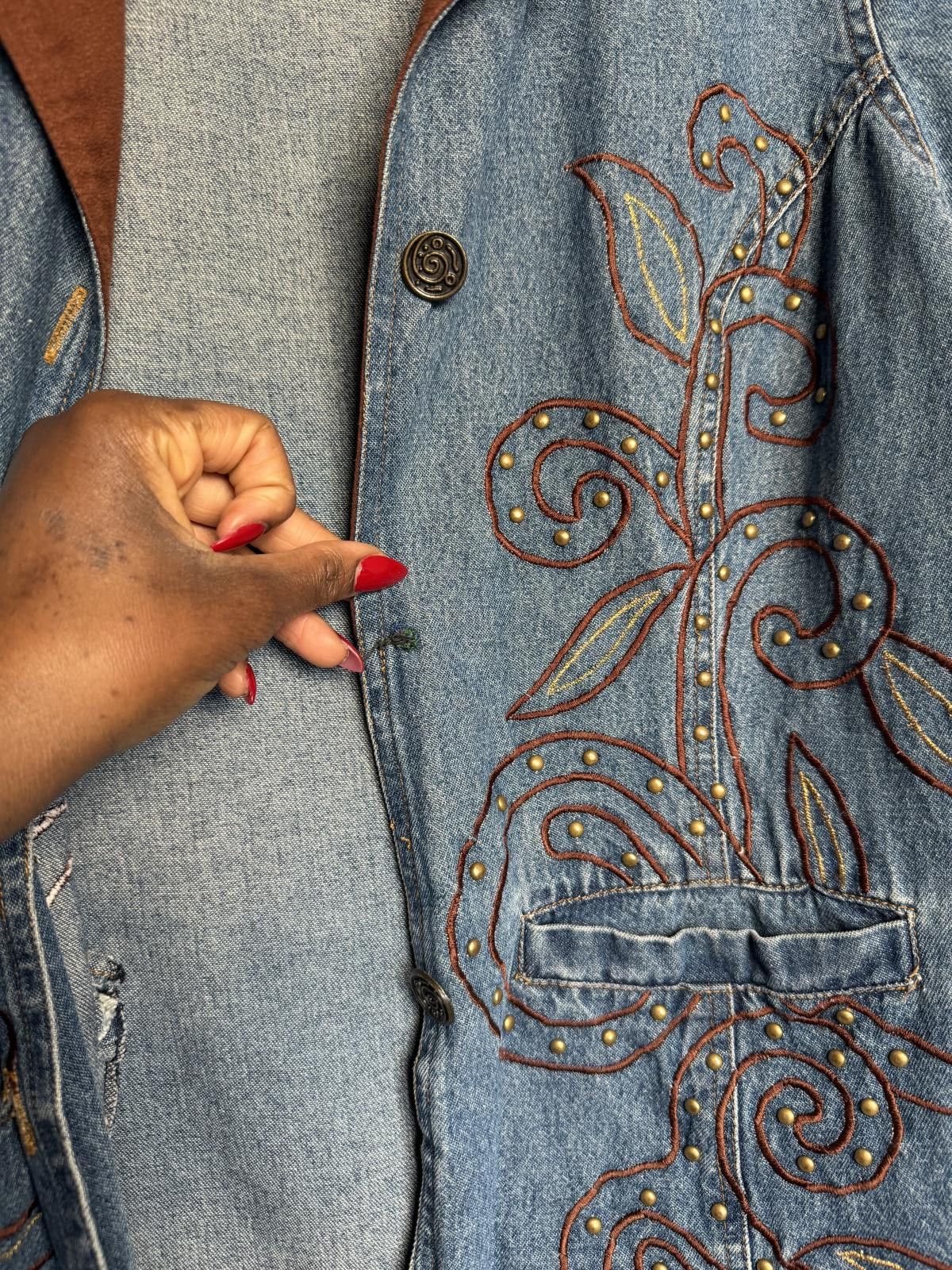 Unknown London Vintage Western Embroidered Denim Jacket with Brown Collar Size XL / US 12-14 / IT 48-50 - 5 Thumbnail