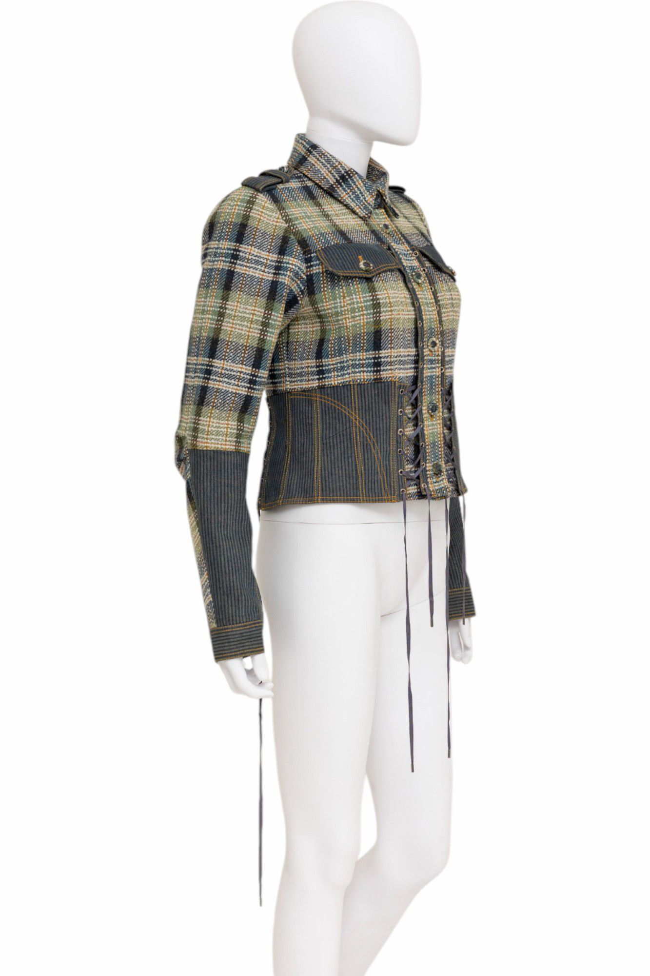 John Galliano Spring 2005 Chequered Bondage Green and Blue Silk Jacket Size M / US 6-8 / IT 42-44 - 3 Thumbnail
