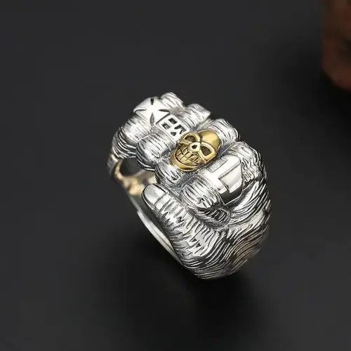 Japanese Brand 925 Silver Plated Adjustable Fist Skull Ring for Men Women Size ONE SIZE - 3 Thumbnail