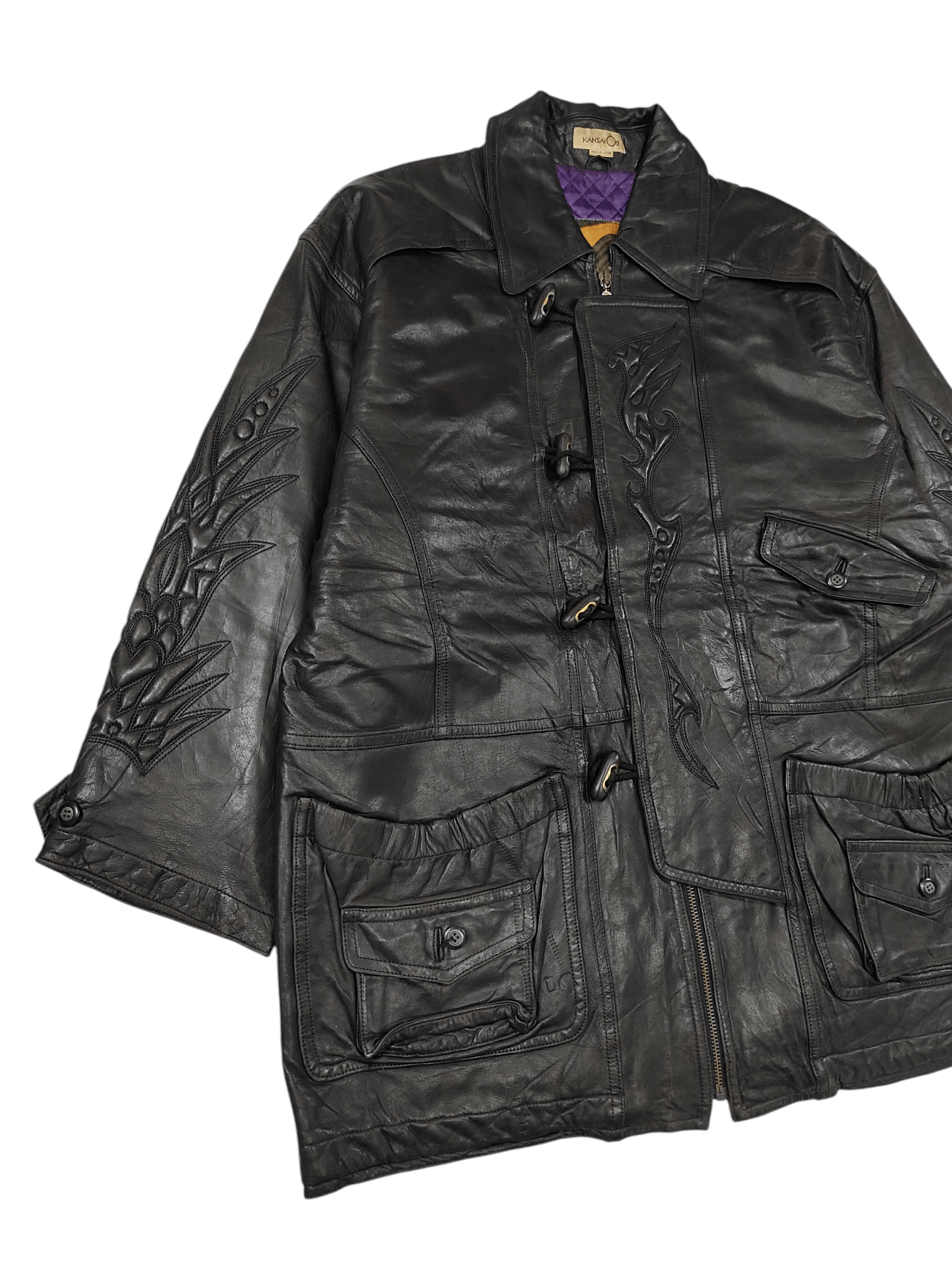 Kansai Yamamoto ARCHIVE📕80s Kansai O2 Tribal Embossed Leather Jacket Size US L / EU 52-54 / 3 - 3 Thumbnail