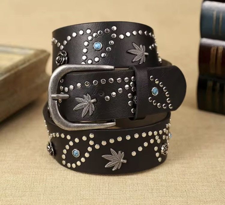 Japanese Brand MAPLE Leave Alloy Rivet Pu Leather Belt 122 cm Size 34 - 5 Thumbnail