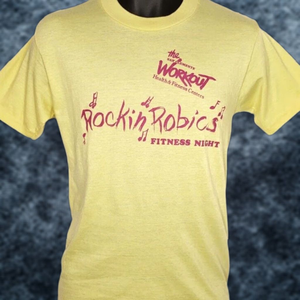 Vintage VINTAGE Rockin Robics Fitness Night T Shirt Mens Large 80s Made In USA Yellow Cotton Blend Graphic Tee Size US L / EU 52-54 / 3 - 1 Thumbnail
