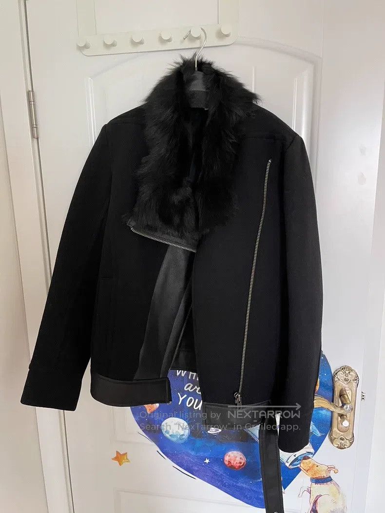 HELMUT LANG Black Faux Fur Trimmed Leather Jacket, Size M,